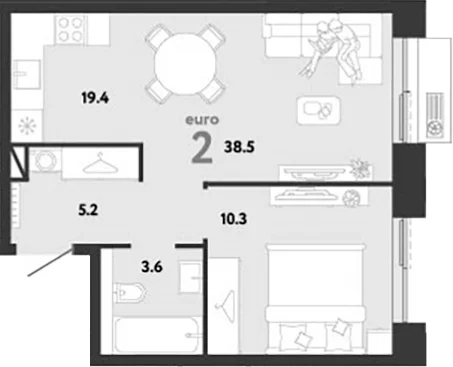 Планировка: Евродвушка 38,5 м² в ЖК «Страна.Заречная»