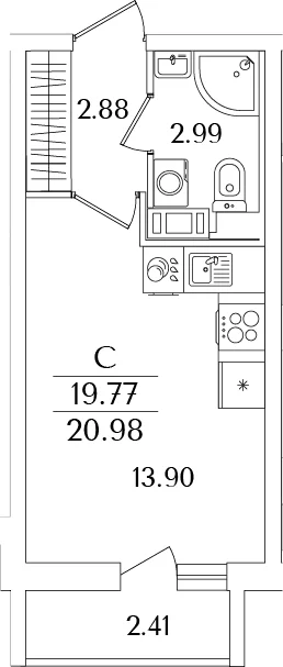 Планировка: Студия 19,8 м² в ЖК «Кинопарк»