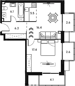 Планировка: Евродвушка 49,6 м² в ЖК «Аквилон Сигнал»