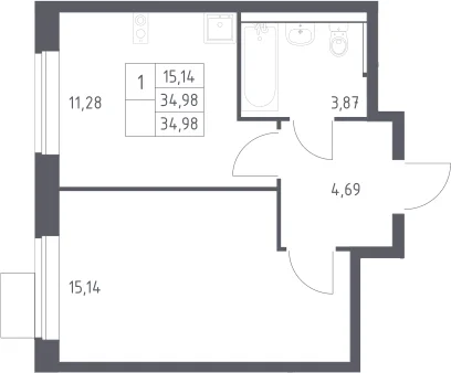 Планировка: 1-комнатная квартира 35 м² в ЖК «Пригород Лесное»