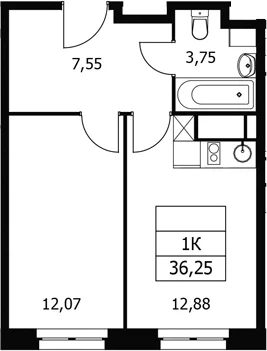 Планировка: 1-комнатная квартира 36,3 м² в ЖК «Волковская 67»