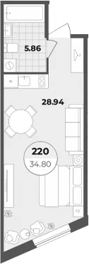 Планировка: Студия 34,8 м² в ЖК «Апарт-отель Лиговский 127»