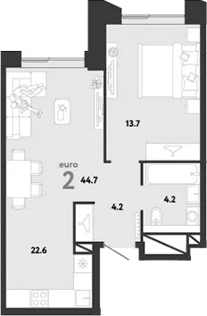 Планировка: Евродвушка 44,7 м² в ЖК «Страна.Заречная»