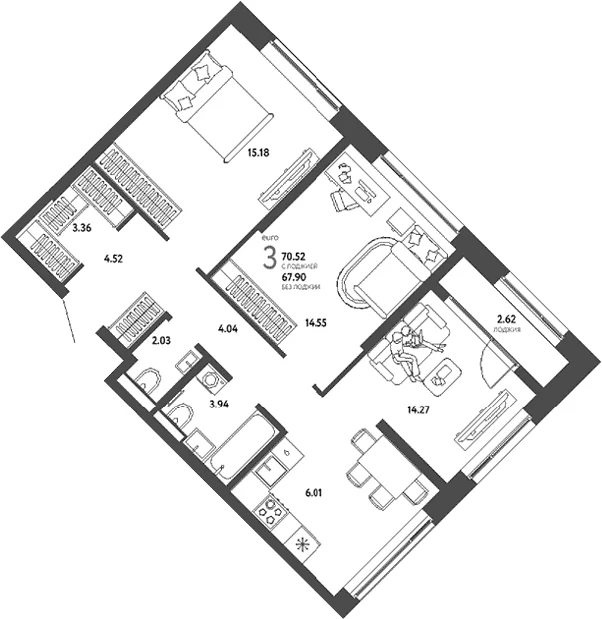 Планировка: Евротрёшка 67,9 м² в ЖК «Страна.Парковая»