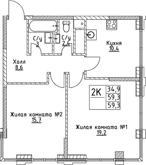 Планировка: 2-комнатная квартира 59,3 м² в ЖК «ВЭРИ на Миклухо-Маклая»