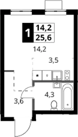 Планировка: Студия 25,6 м² в ЖК «1-й Ясеневский»