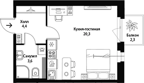 Планировка: Студия 28,3 м² в ЖК «Экография»