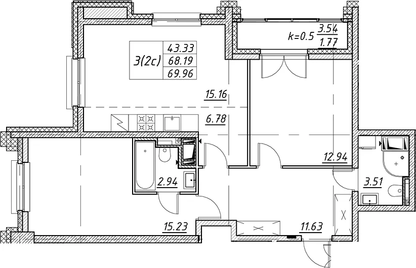 Планировка: Евротрёшка 68,2 м² в ЖК «Цивилизация на Неве»