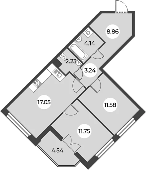 Планировка: Евротрёшка 58,9 м² в ЖК «Огни Залива»