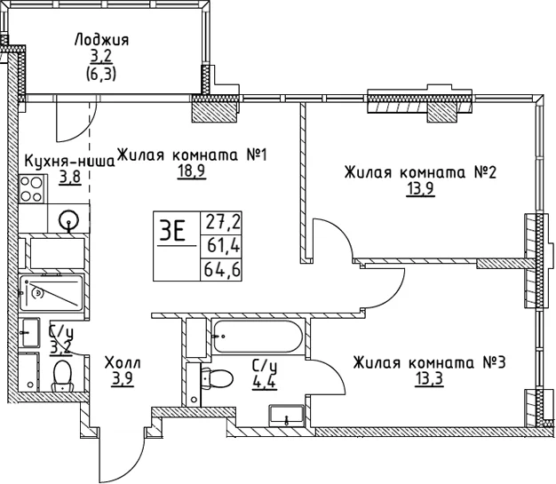 Планировка: Евротрёшка 61,4 м² в ЖК «ВЭРИ на Миклухо-Маклая»