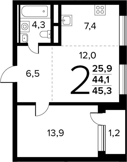 Планировка: Евродвушка 44,1 м² в ЖК «Новые Ватутинки Квартал у реки»