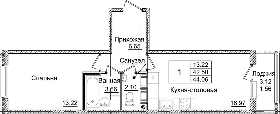 Планировка: 1-комнатная квартира 42,5 м² в ЖК «Квартал Заречье»