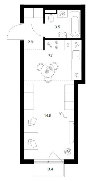 Планировка: Студия 28,6 м² в ЖК «Зеленый парк»