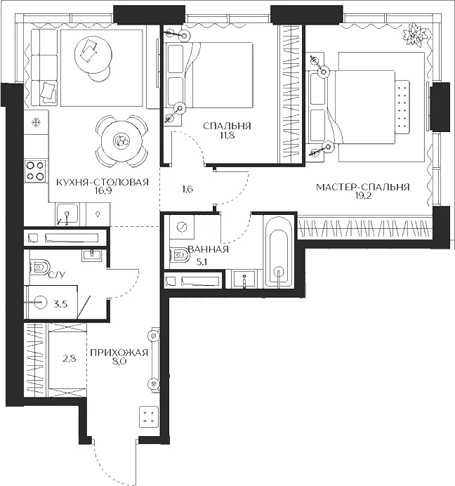Планировка: 2-комнатная квартира 68,9 м² в ЖК «Кутузов Сити»