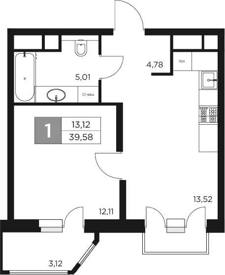 Планировка: 1-комнатная квартира 35,4 м² в ЖК «Восток 2»