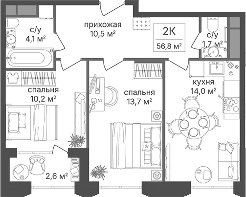 Планировка: 2-комнатная квартира 52,9 м² в ЖК «Гостиничный комплекс Варшавские ворота»