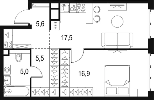Планировка: Евродвушка 50,5 м² в ЖК «Левел Южнопортовая»