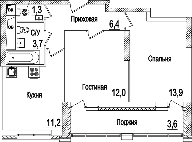 Планировка: 2-комнатная квартира 48,5 м² в ЖК «Рассказово»