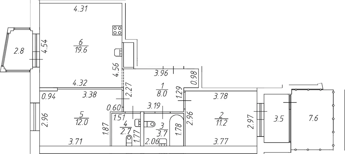 Планировка: Евротрёшка 57,2 м² в ЖК «Респект»