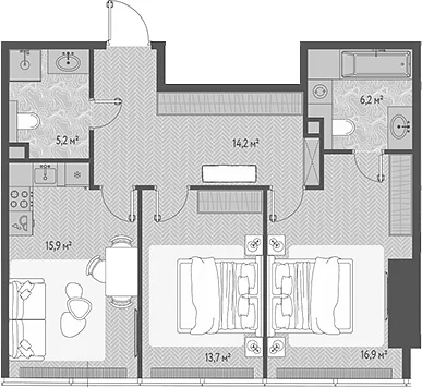 Планировка: Евротрёшка 72,3 м² в ЖК «ОНЕ»