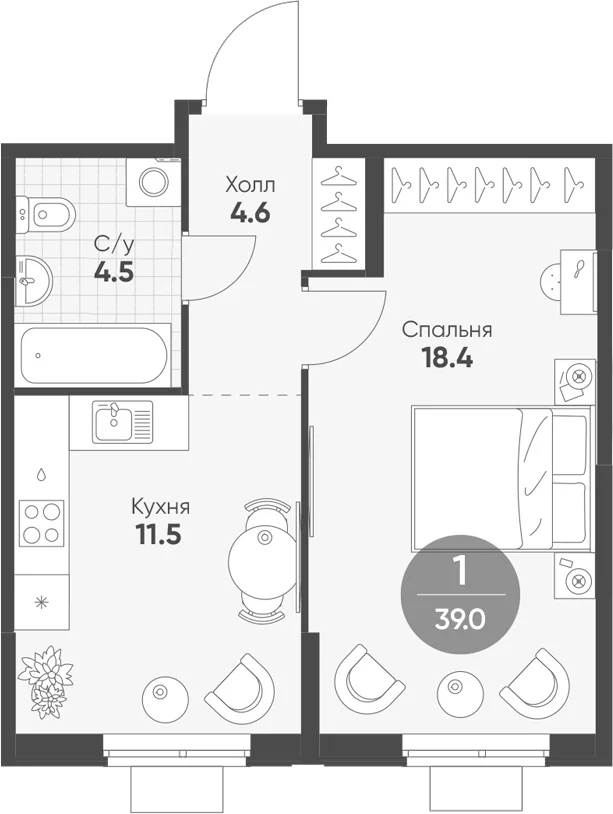 Планировка: 1-комнатная квартира 39 м² в ЖК «Ягодное Река Парк»