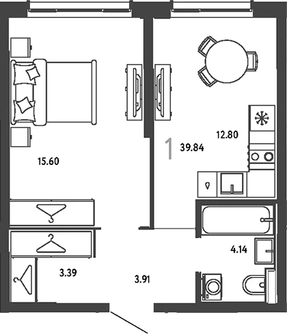 Планировка: 1-комнатная квартира 39,8 м² в ЖК «Страна.Парковая»