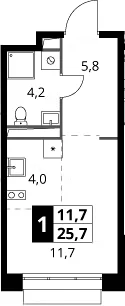 Планировка: Студия 25,7 м² в ЖК «1-й Саларьевский»