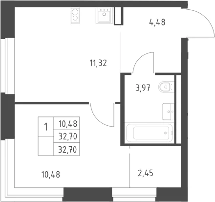 Планировка: 1-комнатная квартира 32,7 м² в ЖК «Литературный Квартал»