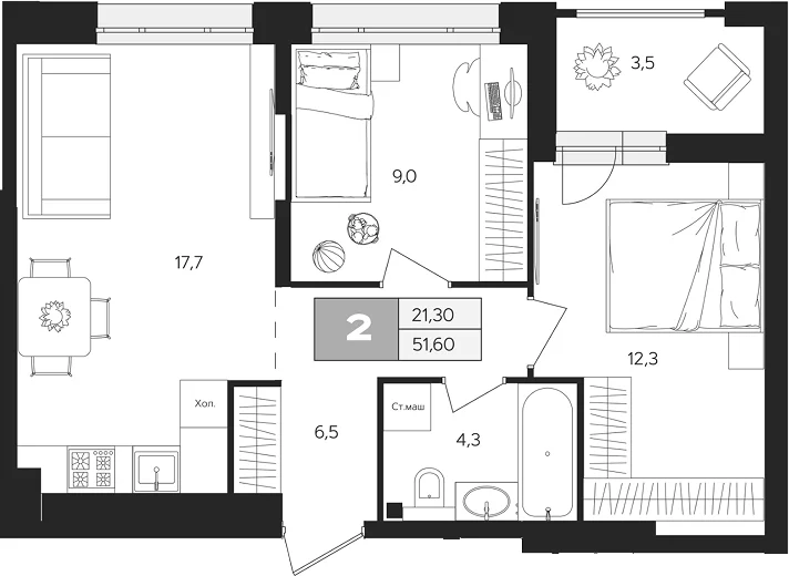 Планировка: 2-комнатная квартира 49,9 м² в ЖК «Ласточкино»