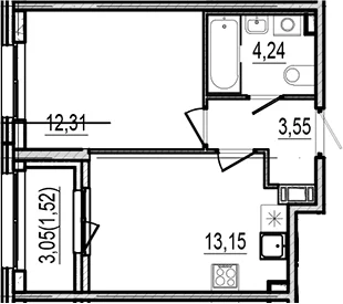 Планировка: Евродвушка 33,3 м² в ЖК «Оптимист»