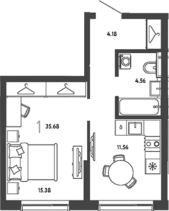 Планировка: 1-комнатная квартира 35,7 м² в ЖК «Страна.Парковая»