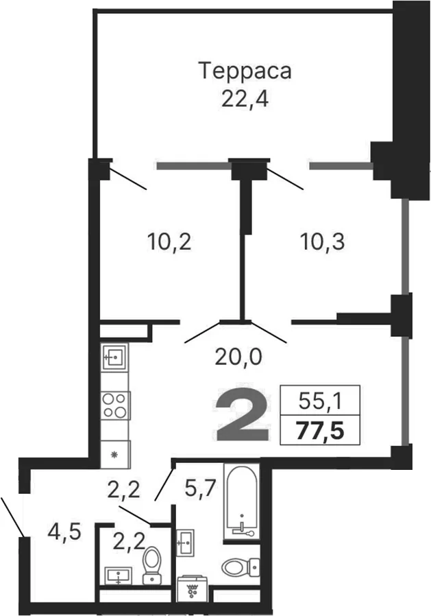 Планировка: Евротрёшка 55,1 м² в ЖК «Бестселлер»