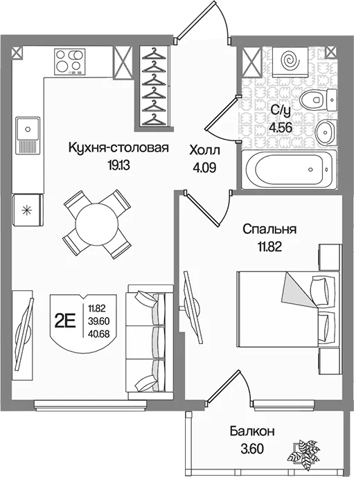 Планировка: Евродвушка 39,6 м² в ЖК «Охтинские высоты»