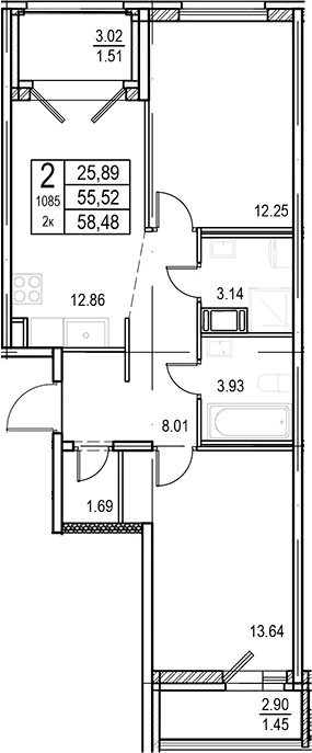 Планировка: 2-комнатная квартира 55,5 м² в ЖК «ID Murino III»