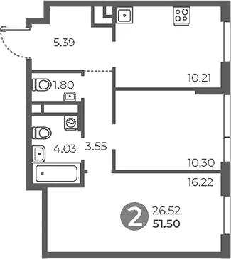 Планировка: 2-комнатная квартира 51,5 м² в ЖК «Нижегородская от Гранель»