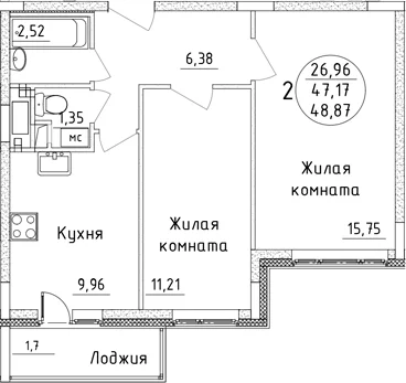 Планировка: 2-комнатная квартира 47,2 м² в ЖК «Дом Союзов»