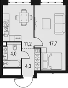 Планировка: 1-комнатная квартира 37,2 м² в ЖК «Левел Южнопортовая»