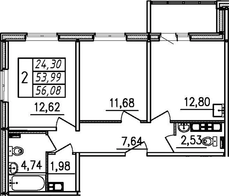 Планировка: 2-комнатная квартира 54 м² в ЖК «Меридиан. Шушары»