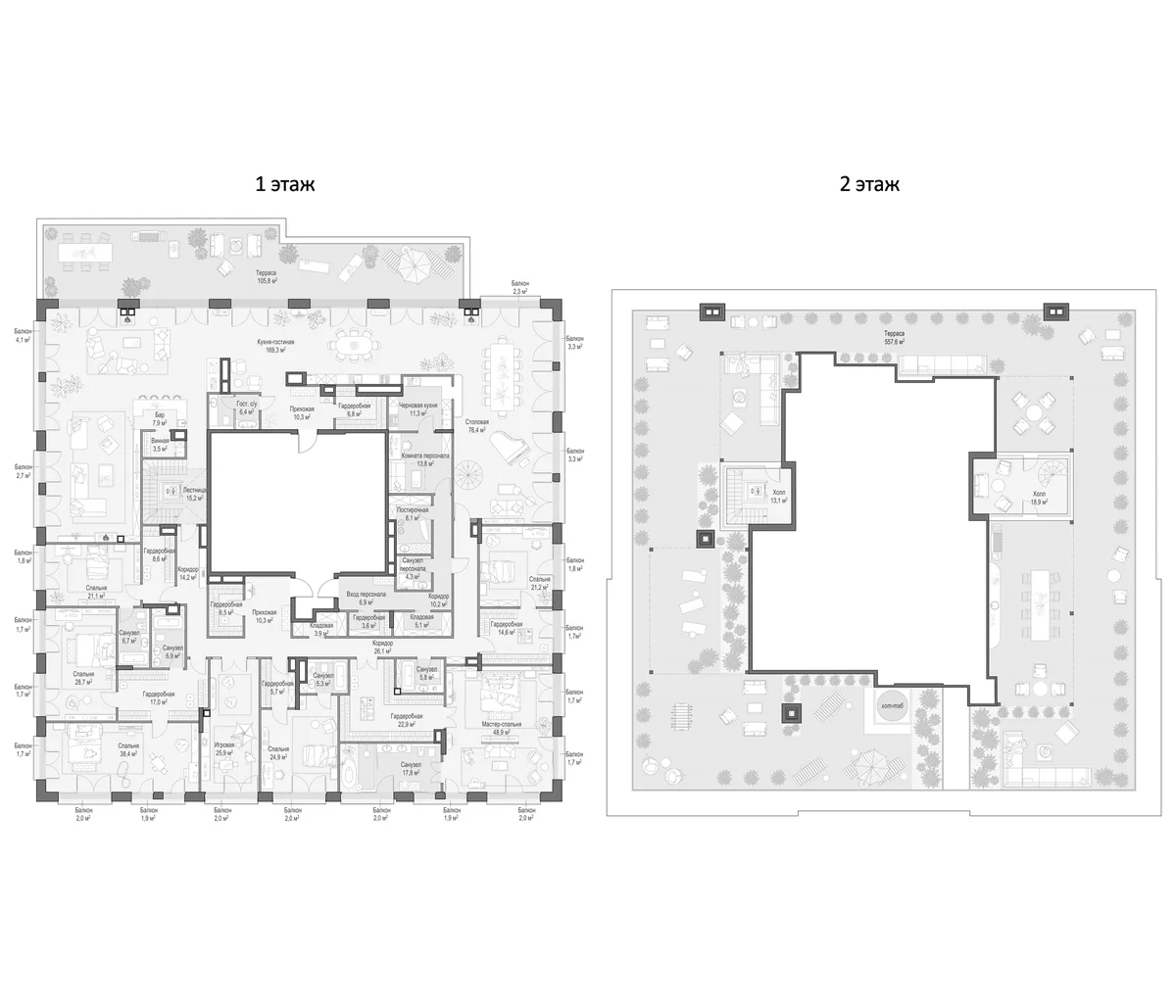 Планировка: 7-комнатная квартира 781,6 м² в ЖК «Клубный дом Обыденский №1»