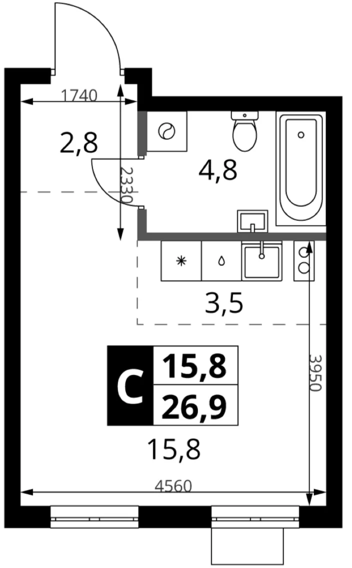 Планировка: Студия 26,9 м² в ЖК «1-й Ясеневский»