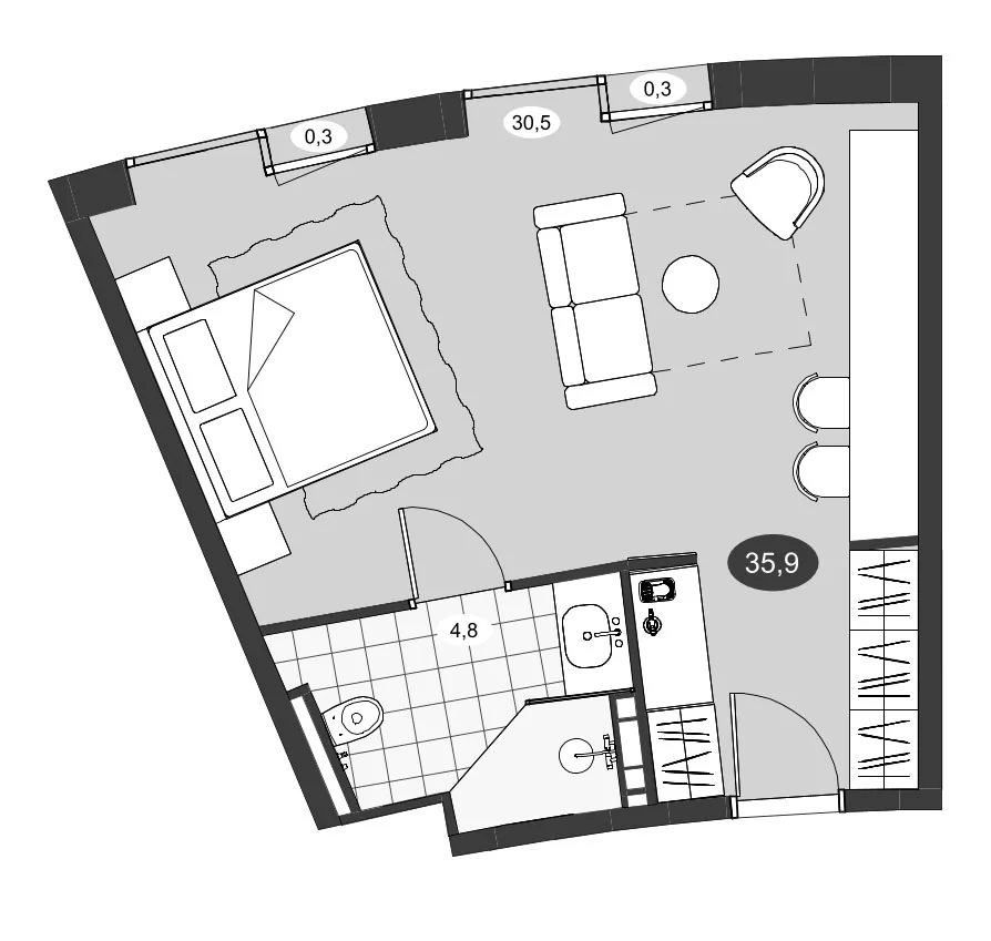 Планировка: Студия 35,3 м² в ЖК «Инвест-Курорт МЕСТО Рощино»