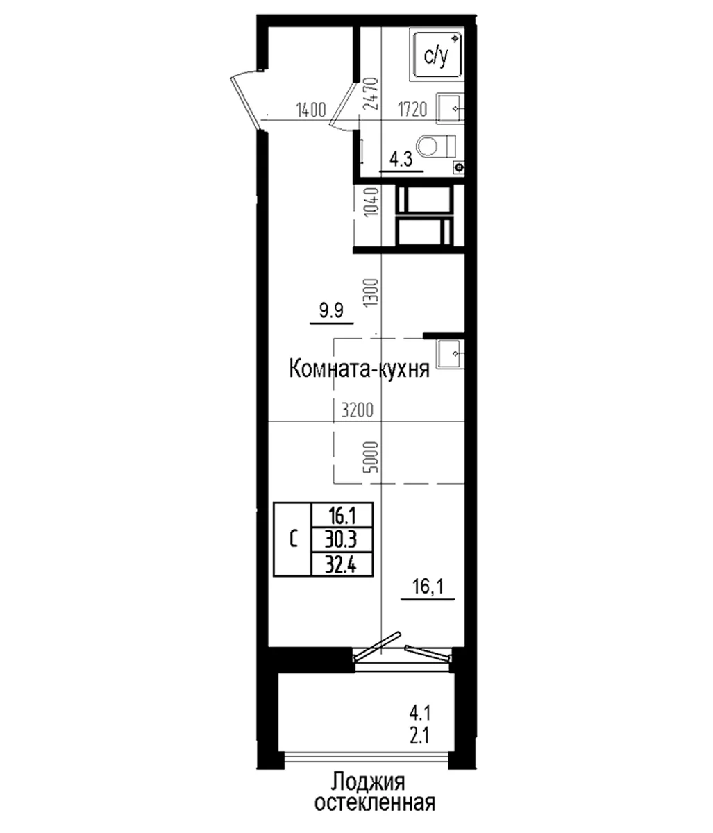 Планировка: Студия 30,3 м² в ЖК «Прагма Сити»