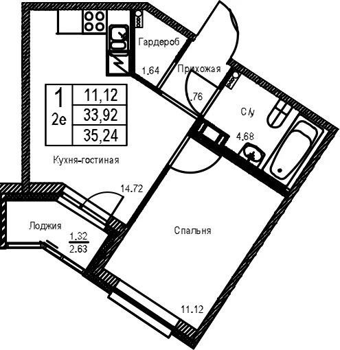 Планировка: Евродвушка 33,9 м² в ЖК «ID Kudrovo II»