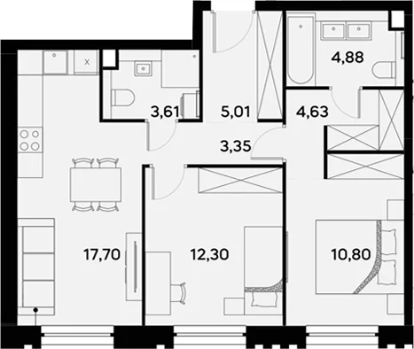 Планировка: Евротрёшка 62,3 м² в ЖК «УЛЬТИМА Сити»