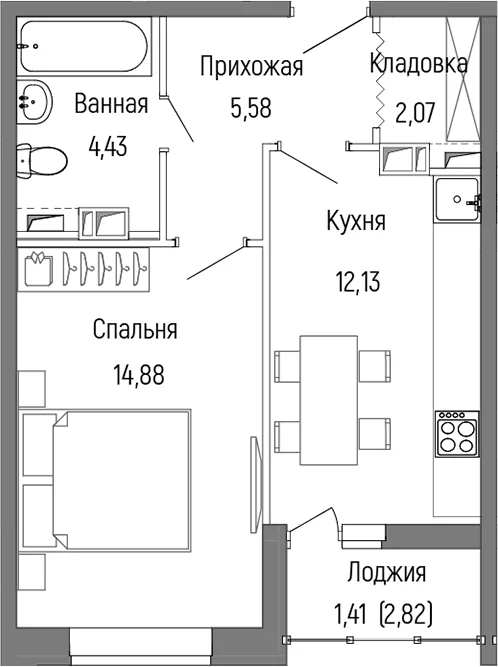 Планировка: 1-комнатная квартира 39,1 м² в ЖК «Рига Хиллс»