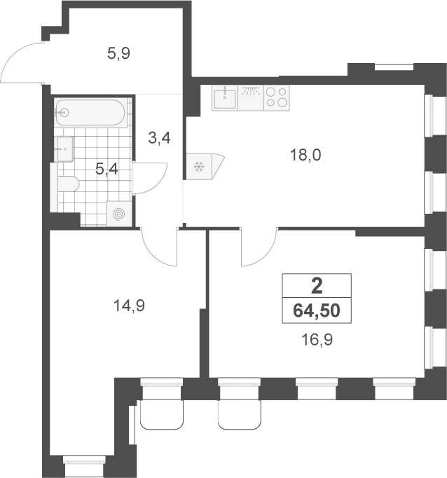 Планировка: Евротрёшка 64,5 м² в ЖК «Деснаречье»
