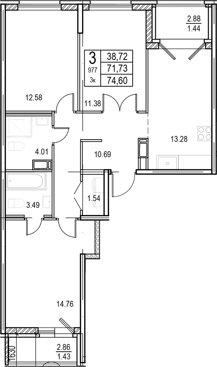Планировка: 3-комнатная квартира 71,7 м² в ЖК «ID Murino III»