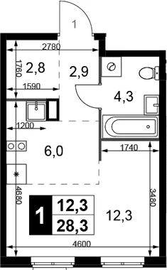 Планировка: Студия 28,3 м² в ЖК «1-й Химкинский»