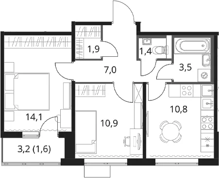 Планировка: 2-комнатная квартира 49,6 м² в ЖК «1-й Шереметьевский»