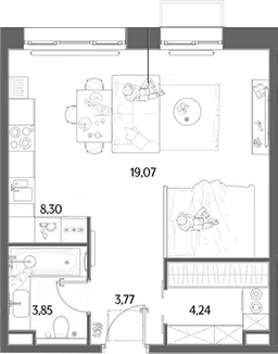 Планировка: Студия 39,2 м² в ЖК «МЫС»
